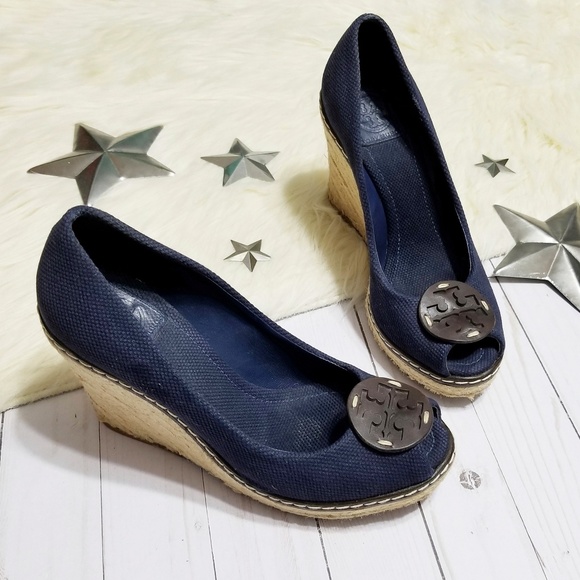 Tory Burch Shoes - Tory Burch Cerise emblem navy wedges jute 8.5